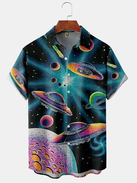 

Spaceship Chest Pocket Short Sleeve Shirt Tech Lapel Print Top, As picture, Short Sleeve Shirts
