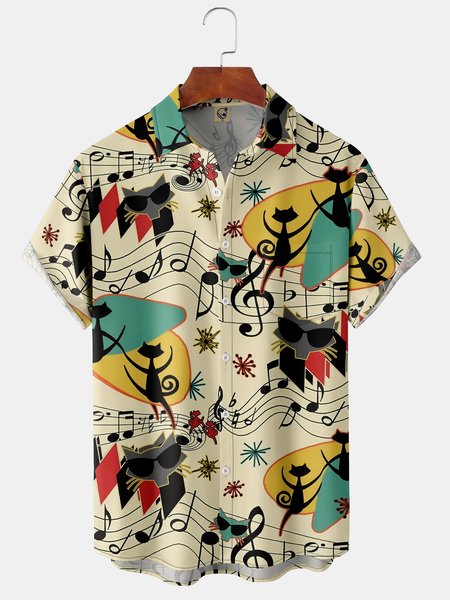

Music Cat Chest Pocket Short Sleeve Hawaiian Shirt, Khaki, Short Sleeve Shirts
