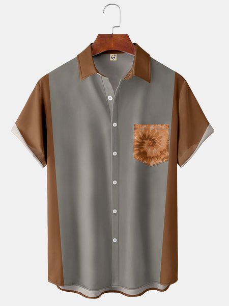 

Tie Dye Pocket Short Sleeve Shirt Casual Hawaiian Contrast Print Top, Khaki, Short Sleeve Shirts