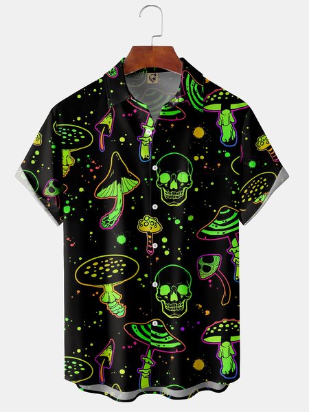 

Skull Chest Pocket Short Sleeve Shirt, Green, Men Shirts
