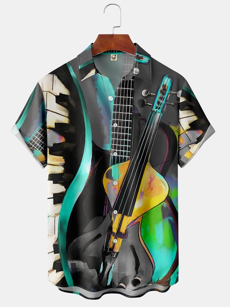 

Music Pocket Short Sleeve Shirt Casual Style Hawaiian Print Top, Black, Short Sleeve Shirts