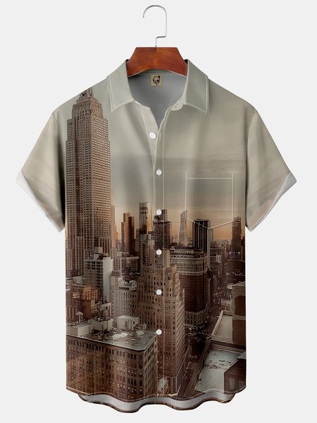 

City View Chest Pocket Short Sleeve Shirt Hawaiian Lapel Print Top, As picture, Short Sleeve Shirts