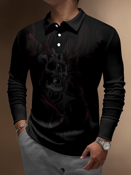 

Men's Halloween Abstract Skull Button Long Sleeve Polo Shirt Casual Style Art Collection Lapel Print Top, Black, Long Sleeve T-shirts