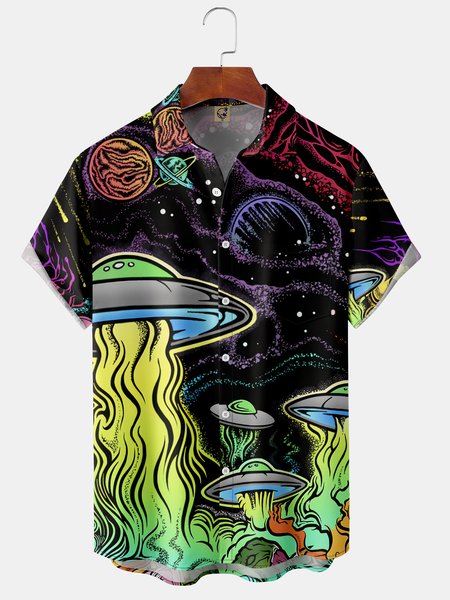 

Spaceship Chest Pocket Short Sleeve Shirt Tech Lapel Print Top, Black, Short Sleeve Shirts