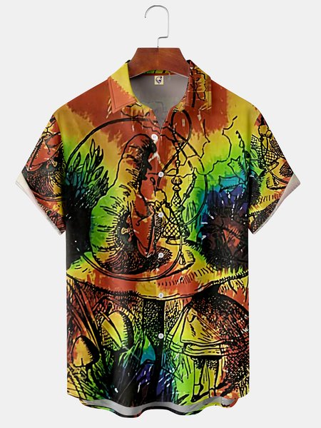 

Hippie Music Pocket Short Sleeve Shirt Casual Hawaiian Tie-Dye Print Top, Red, Short Sleeve Shirts