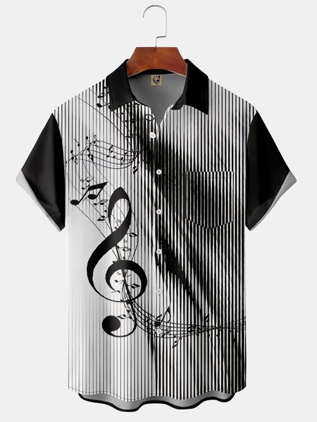 

Music Notes Chest Pocket Short Sleeve Shirt Resort Style Music Series Stripes Print Lapel Top, Black, Short Sleeve Shirts
