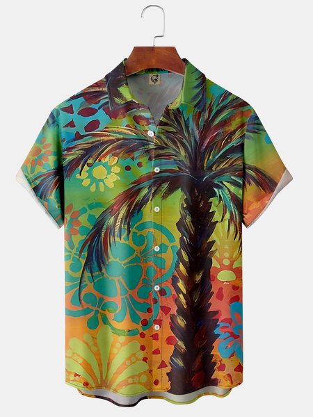 

Coconut Tree Chest Pocket Short Sleeve Shirt Resort Style Hawaii Series Art Painting Print Lapel Top, Green, Short Sleeve Shirts