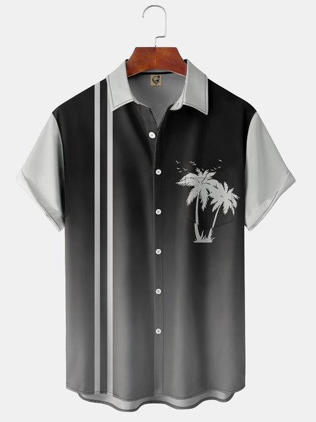 

Coconut Tree Gradient Color Chest Pocket Short Sleeve Shirt Vacation Style Hawaii Series Color-block Lapel Top, Black, Short Sleeve Shirts