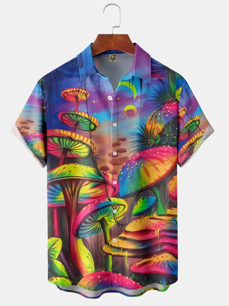 

Mushroom Print Chest Pocket Short Sleeve Shirt Resort Style Hippie Collection Lapel Top, Pink, Short Sleeve Shirts
