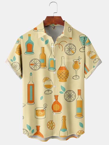 

Geometric Chest Pocket Short Sleeve Hawaiian Shirt, Khaki, Short Sleeve Shirts