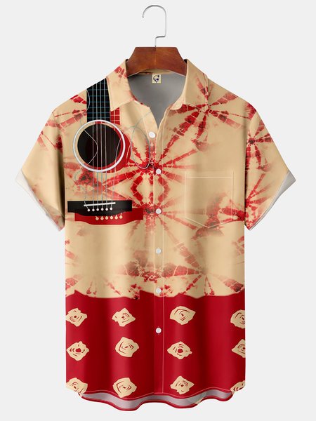 Tie Dye Pocket Short Sleeve Shirt Casual Hawaiian Guitar Print Top, Red, Short Sleeve Shirts