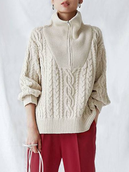 

Loose Stand Collar Zipper Plain Sweater, Apricot, Pullovers