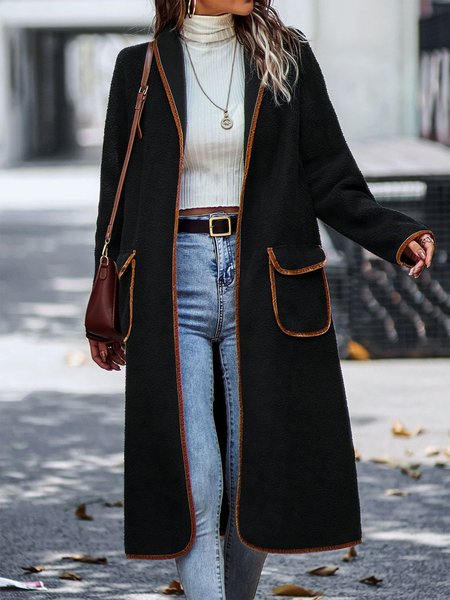 

Urban Color Block Long Sleeve Shawl Collar Overcoat, Black, Coats
