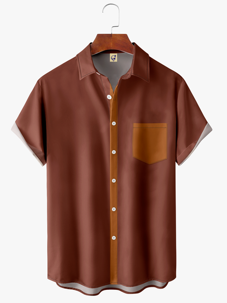 

Plain Pocket Short Sleeve Shirt Casual Style Hawaiian Print Top, Coffee, Short Sleeve Shirts