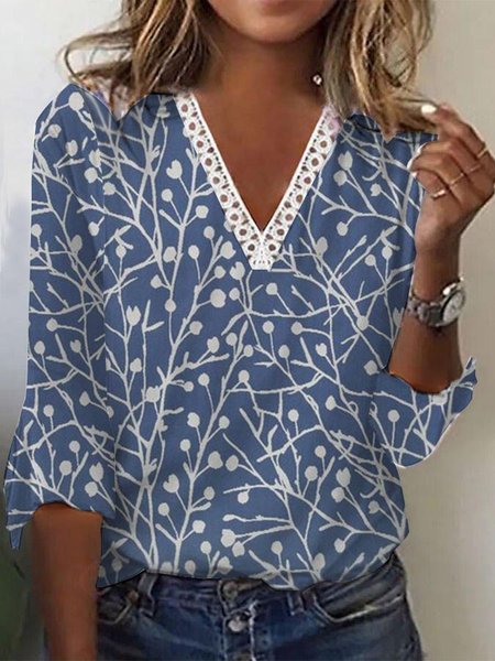 

Casual Lace-paneled Floral Design T-shirt, Blue, T-Shirts