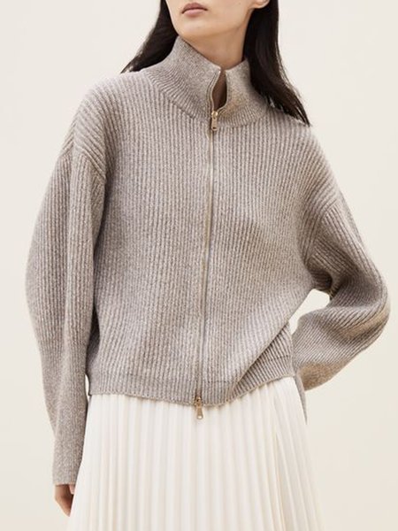 

Casual Plain Zipper Stand Collar Sweater Cardigan, Light coffee, Cardigans