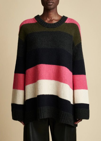 

Plaid Crew Neck Loose Sweater, Black-pink, Pullovers