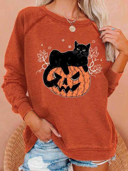 

Women's Black Cats Pumpkin Halloween Casual Loose Sweatshirts, Orange, Hoodies&Sweatshirts