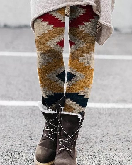 

Elastic Band Tight Ethnic Vintage Leggings, Multicolor, Leggings