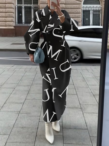 

Text Letters Lapel Collar Urban Regular Fit Overcoat, Black-white, Coats