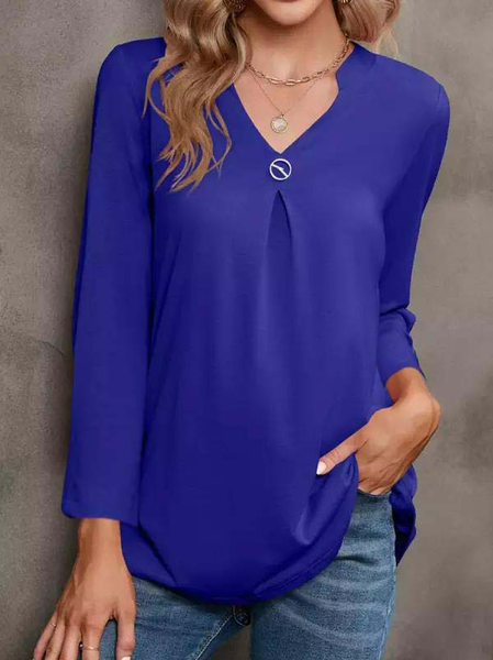 

V-neck Casual Loose Solid Color Long-sleeved Blouse, Blue, Tops