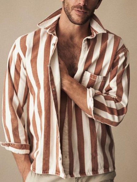 

Contrast Stripe Long-sleeved Shirt Casual Style Lapel Top, As picture, Long Sleeve Shirts