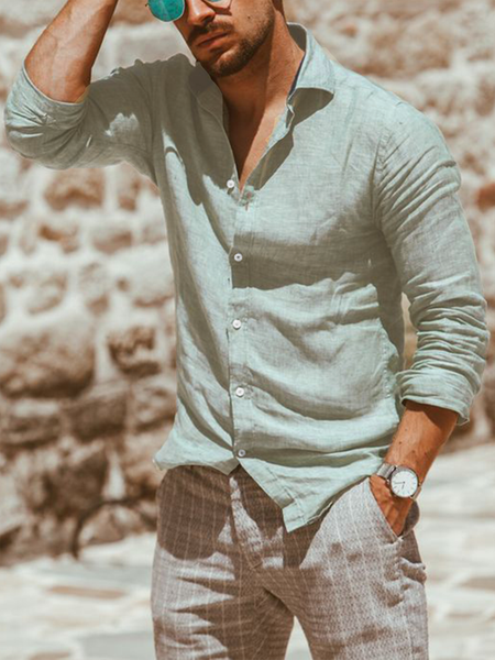 

Cotton-flax style n casual long-sleeved linen shirt in clean color base, As picture, Long Sleeve Shirts