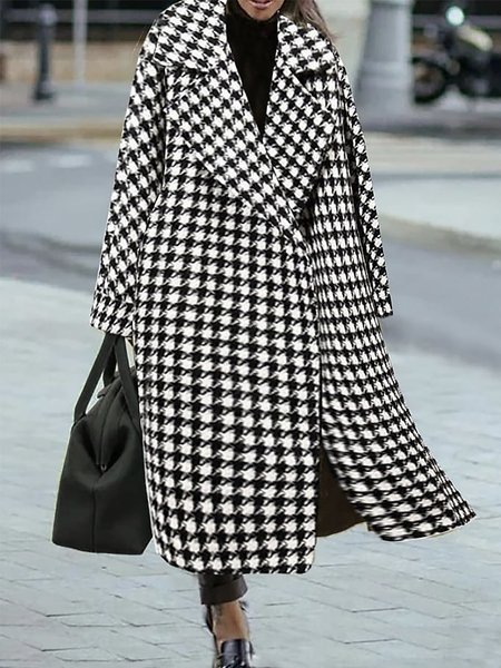 

Urban Lapel Collar Loose Houndstooth Long Sleeve Overcoat, Black-white, Coats