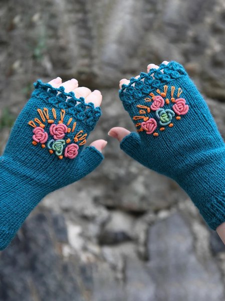 

Teal Embroidered Floral Half Glove Warm Wrist Sleeve, Blue, Women Gloves