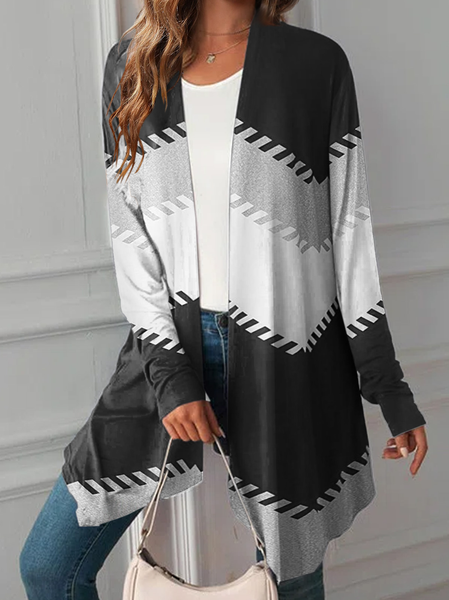 

Casual Geometric Print Open Front Black Coat, Multicolor, Outerwear