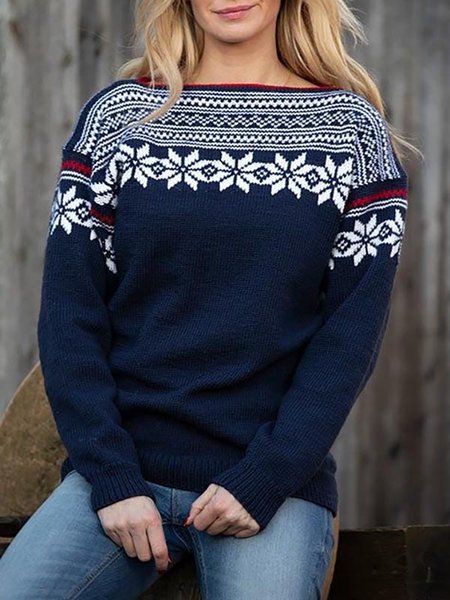 

Casual Ethnic Floral Design Knit Long Sleeve Sweater, Dark blue, Sweaters