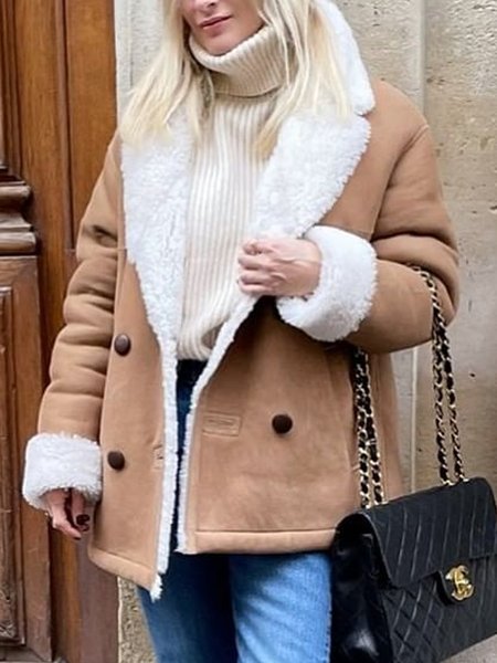 

Plain retro lamb fur warm faux fur overcoat plus size, Camel, Coats