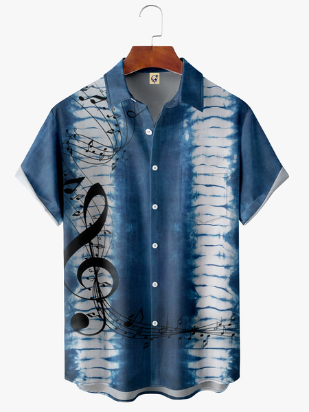 

Music Note Pocket Short Sleeve Shirt Casual Hawaiian Tie-Dye Print Top, Blue, Short Sleeve Shirts