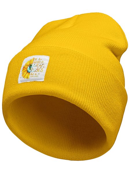 

In A World Full Of Rose Be A Sunflower Animal Graphic Beanie Hat, Yellow, Hats