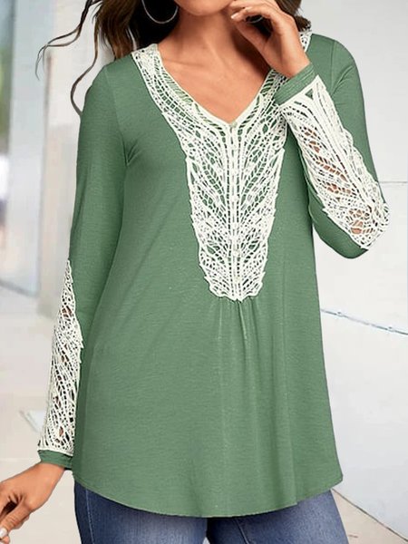 

Lace button plain T-shirt tunic Plus size, Green, Tunics