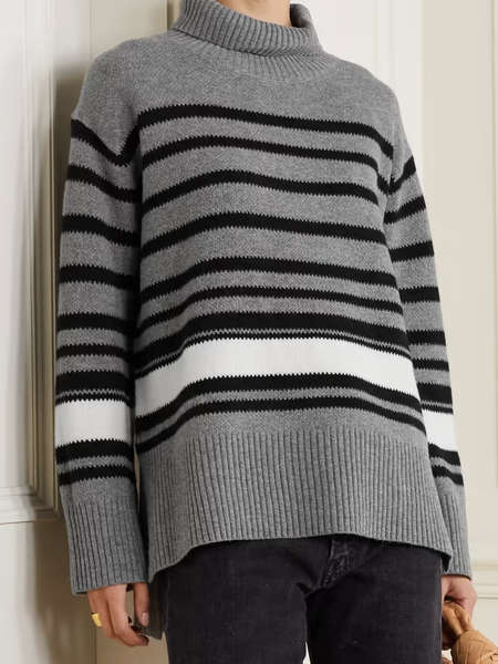 

Acrylic Half Turtleneck Loose Sweater, Black-grey, Pullovers
