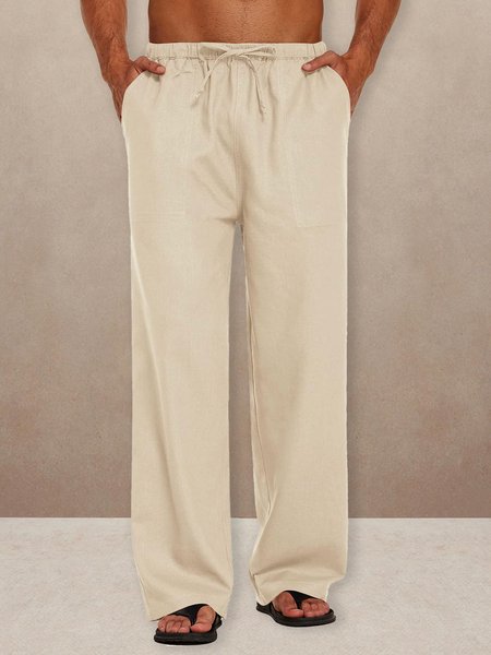 

Plain Cotton Drawstring Waist Wide Leg Pants, As picture, Men's pants