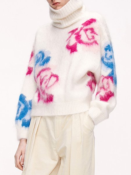 

Elegant Turtleneck Floral Long Sleeve Sweater, White, Pullovers