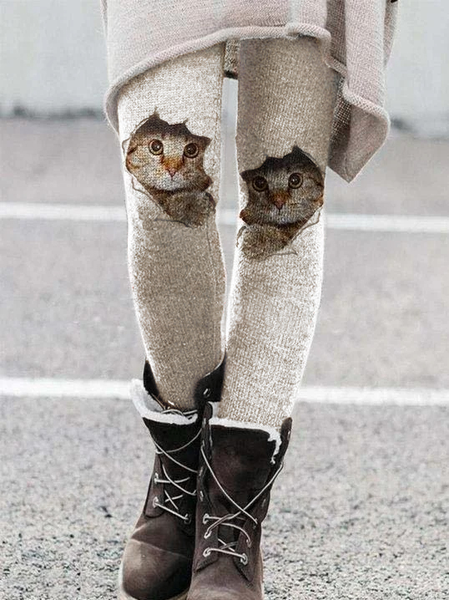 Cat Elastic Waist Printed Casual Pants Leggings