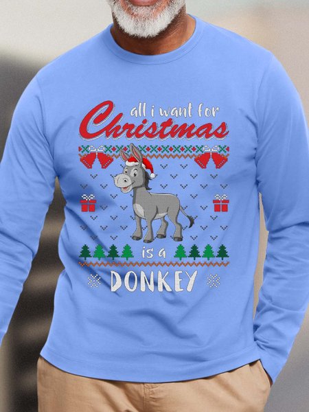

Men All I Want For Christmas Is A Donkey Casual Cotton Tops, Light blue, Long Sleeves