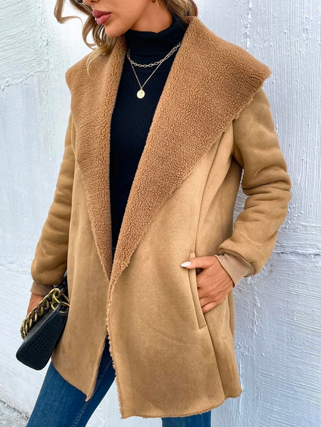 

Cross Neck Casual Loose Teddy Jacket, Camel, Outerwear