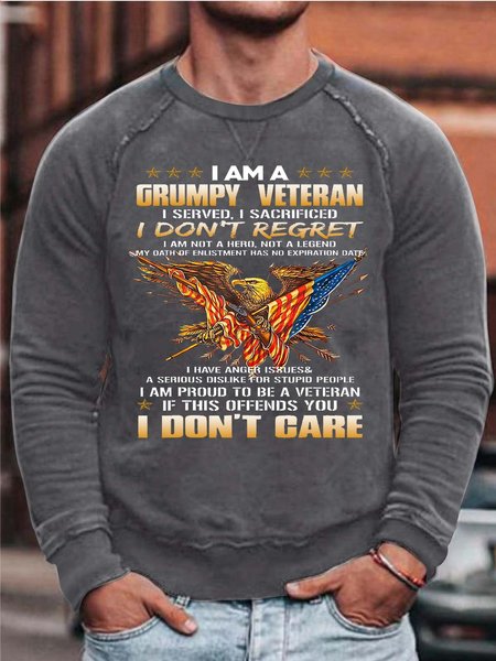 

Men's A Grumpy Veteran I Don’t Regret Don’t Care Crew Neck Loose Sweatshirt, Gray, Hoodies&Sweatshirts