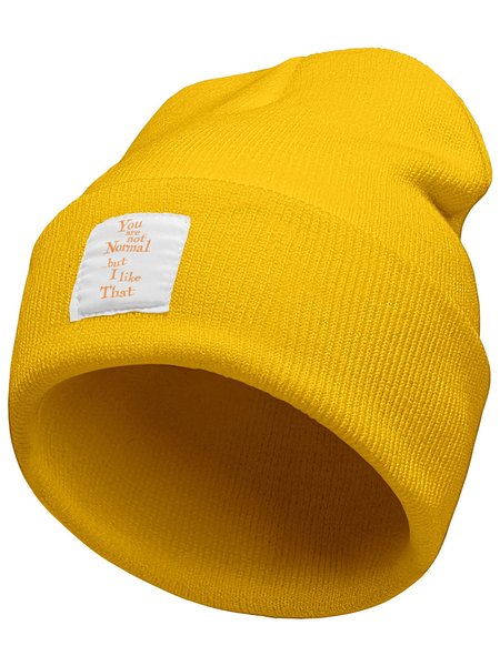 

You Are Not Normal But I Like That Text Letter Beanie Hat, Yellow, Hats