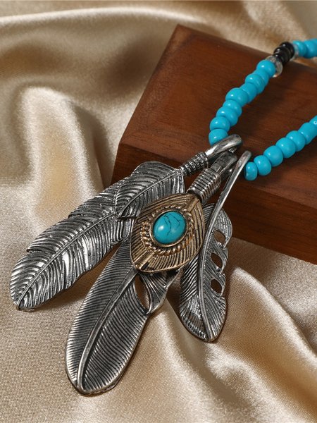 

Vintage Feather Eagle Claw Pendant Necklace Women Boho Bead Necklace Sweater Chain, Blue, Necklaces