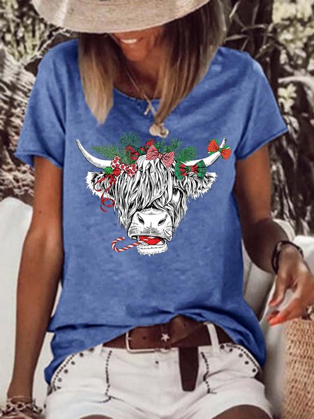 

Women's Salty Cow Funny Christmas Cotton-Blend Crew Neck T-Shirt, Blue, T-shirts