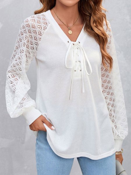 

V Neck Plain Urban Lantern Sleeve Tops, White, Tops