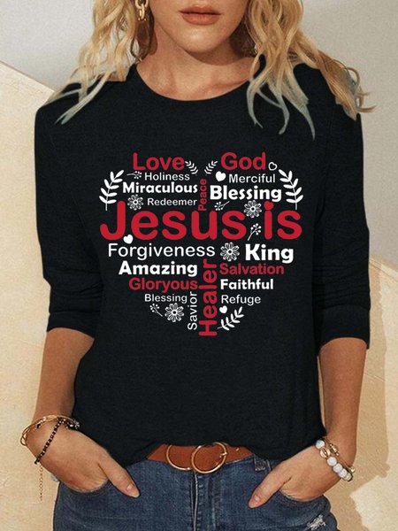 

Women Jesus Word Bible Quotes Cotton-Blend Simple Long sleeve Top, Black, Long sleeves