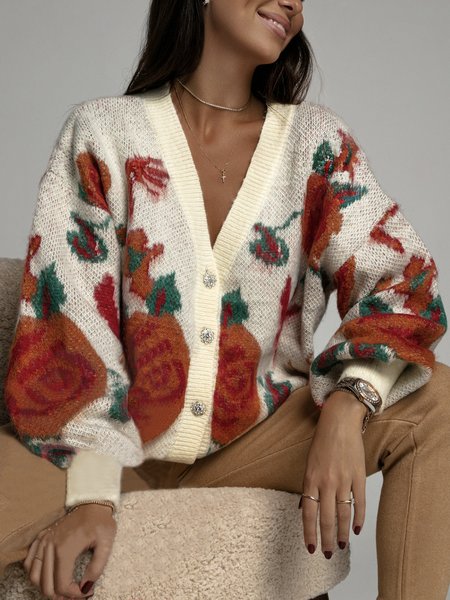 

Loose Casual Long Sleeve Floral Sweater Coat, Multicolor, Cardigans