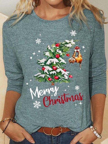 

Womens funny Christmas Tree And Cat Casual Crew Neck Top, Green, Long sleeves