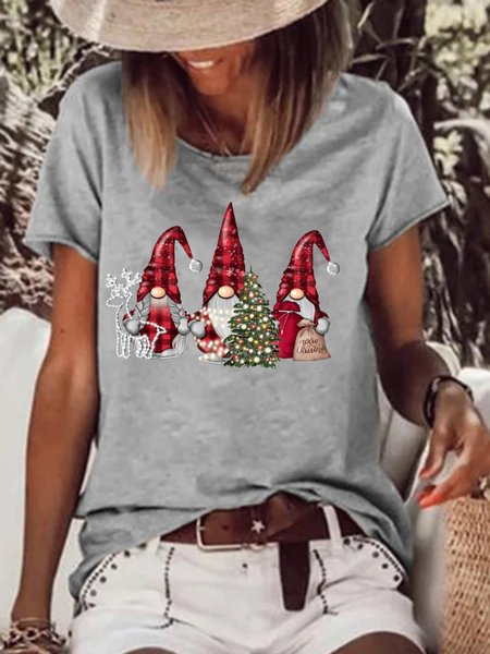

Women's Christmas Gnome Loose Casual Crew Neck T-shirt, Gray, T-shirts